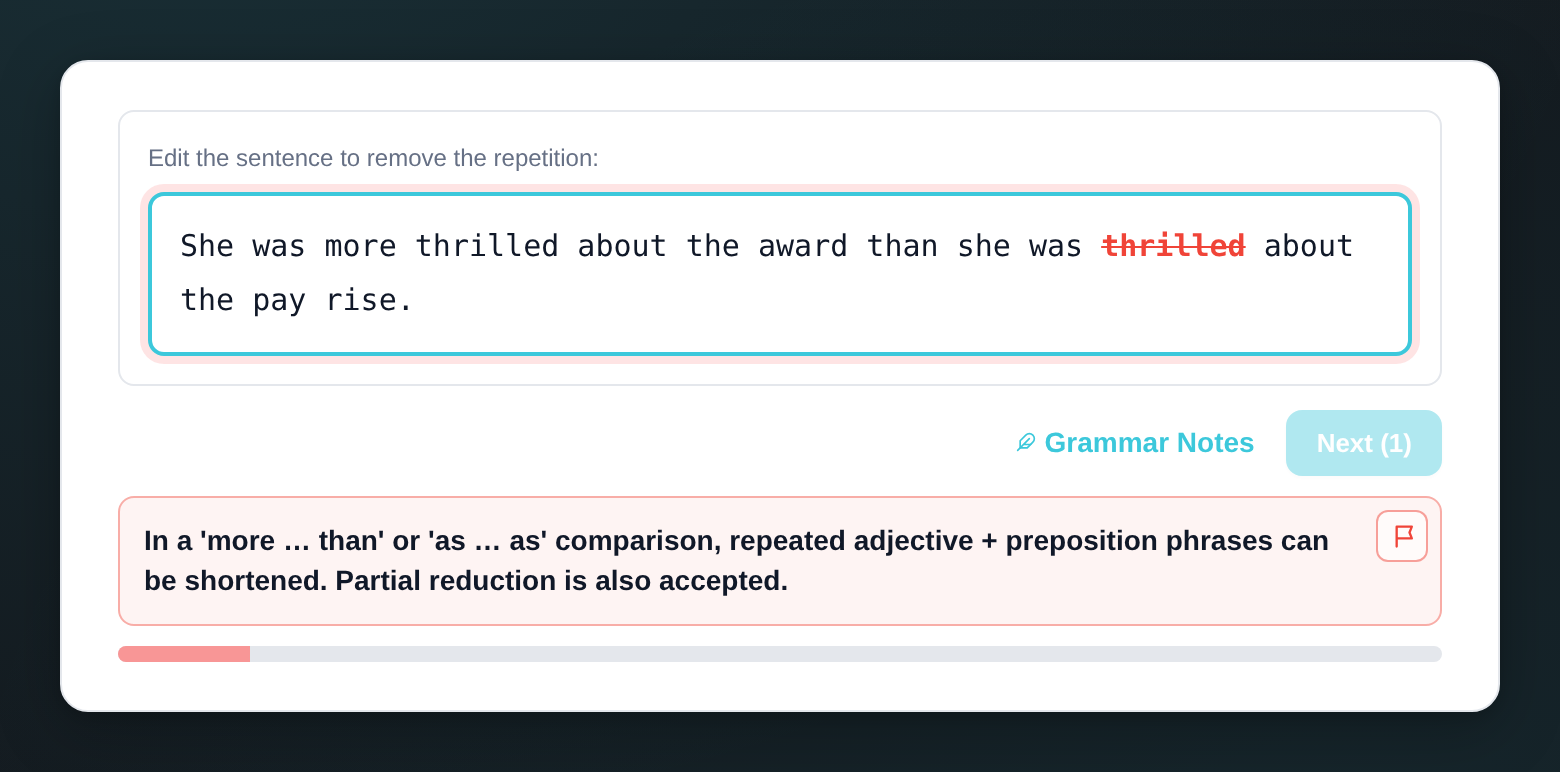 Ellipsis exercise feedback: the redundant word is struck through inside the user's sentence with the rule shown underneath.