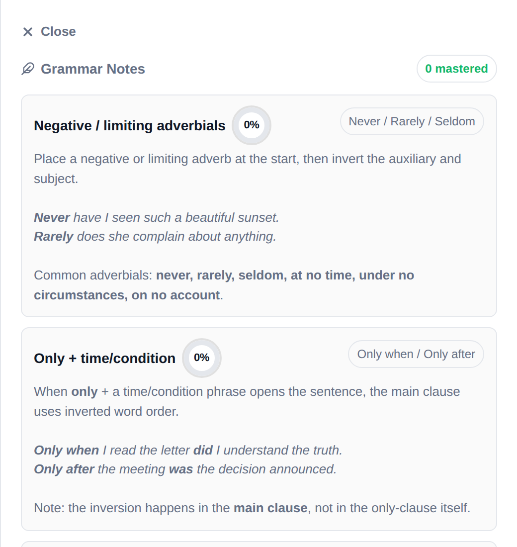 Grammar Notes side panel for the Inversion exercise: each rule listed with its own 0-100% mastery indicator and small worked example.