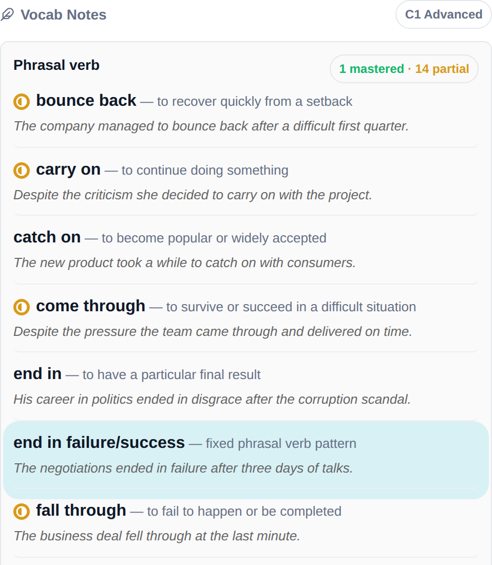 Vocab Notes side panel for Phrasal verbs in the Success & Failure category: each phrase has its definition and an example sentence, with mastered/partial counts.