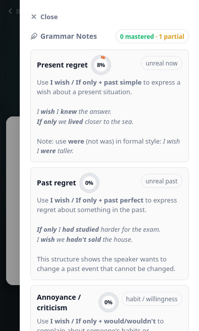 i-Speak English Grammar Notes side panel: rule cards with per-concept mastery indicators and worked examples.