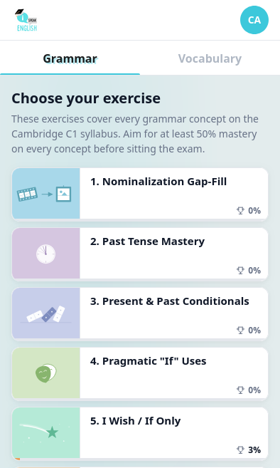 i-Speak English grammar overview: tile grid of all 24 C1 grammar exercises with mastery progress.